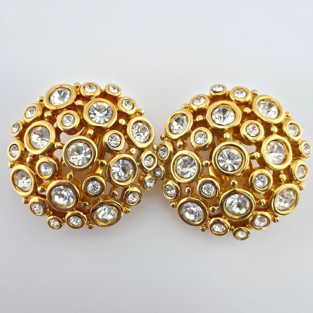 Vtg SWAROVSKI Clip-On Earrings Honey Comb Cluster Crystals Domed Gold Plate - Picture 1 of 11
